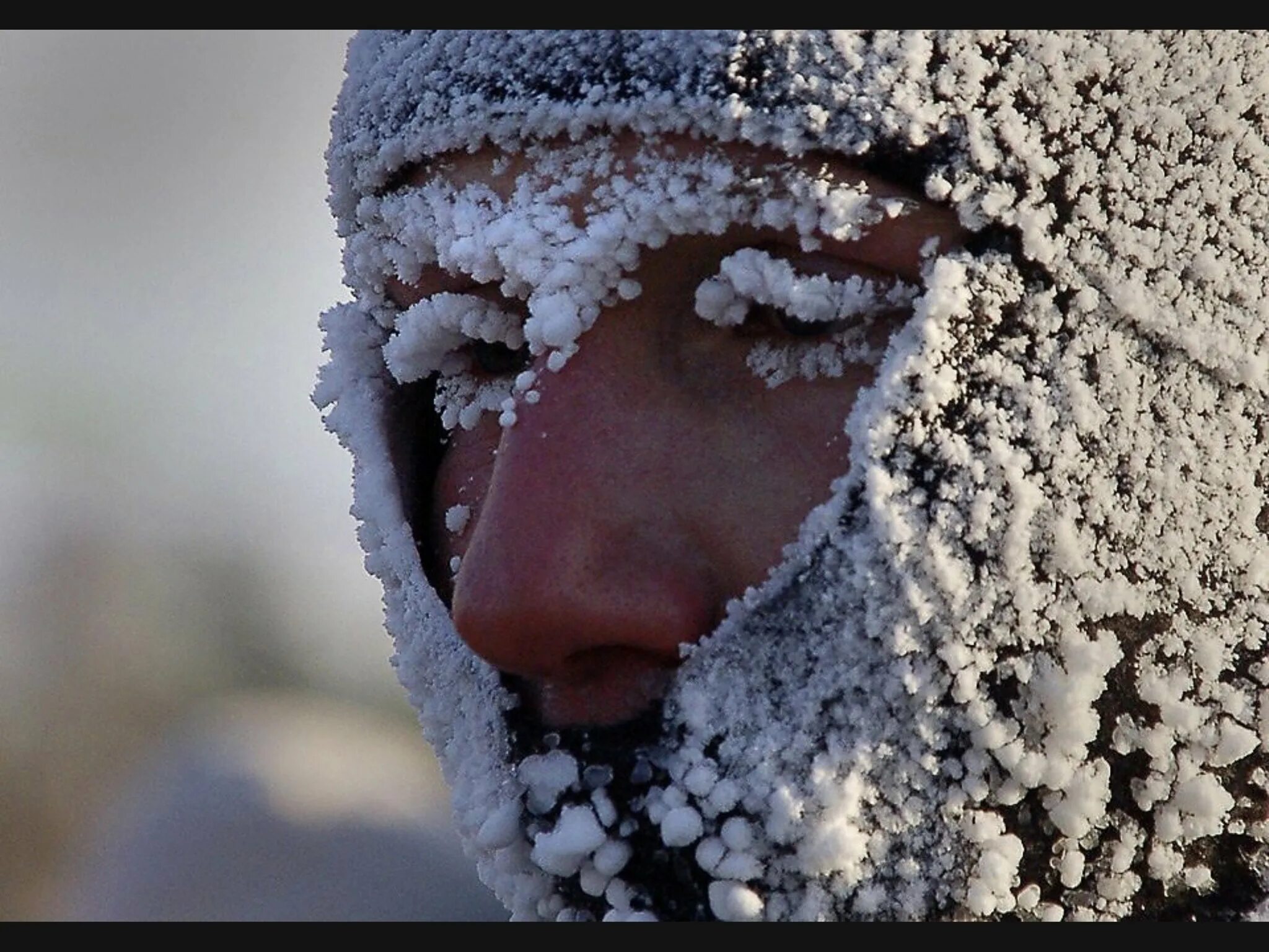 Совсем замерзла. Очень холодно. Сильный Мороз. Человек в инее. Холодная зима.