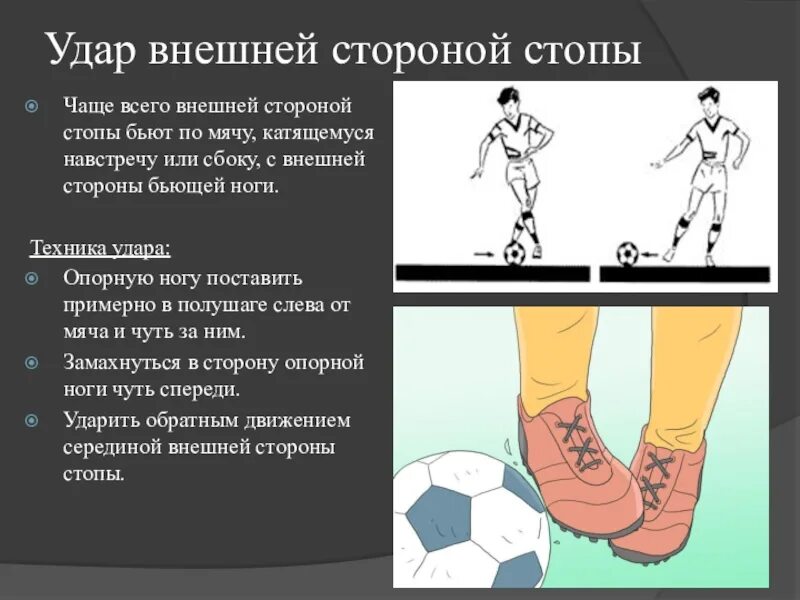 Удары подъемом стопы. Схема последовательного обучения ударам ногой в футболе. Внешняя сторона стопы в футболе. Удар внешней стороной стопы в футболе. Технику ударов по мячу внешней стороны стопы.