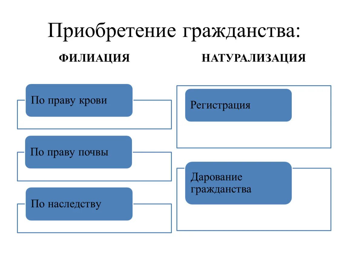 Натурализация это приобретение гражданства. Приобретение гражданства схема. Способы приобретения гражданства условия. Натурализация и филиация.