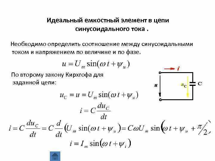 Емкостной элемент в цепи синусоидального тока. Идеальный емкостный элемент. Лекция электрические цепи синусоидального тока. Напряжение на емкостном элементе.