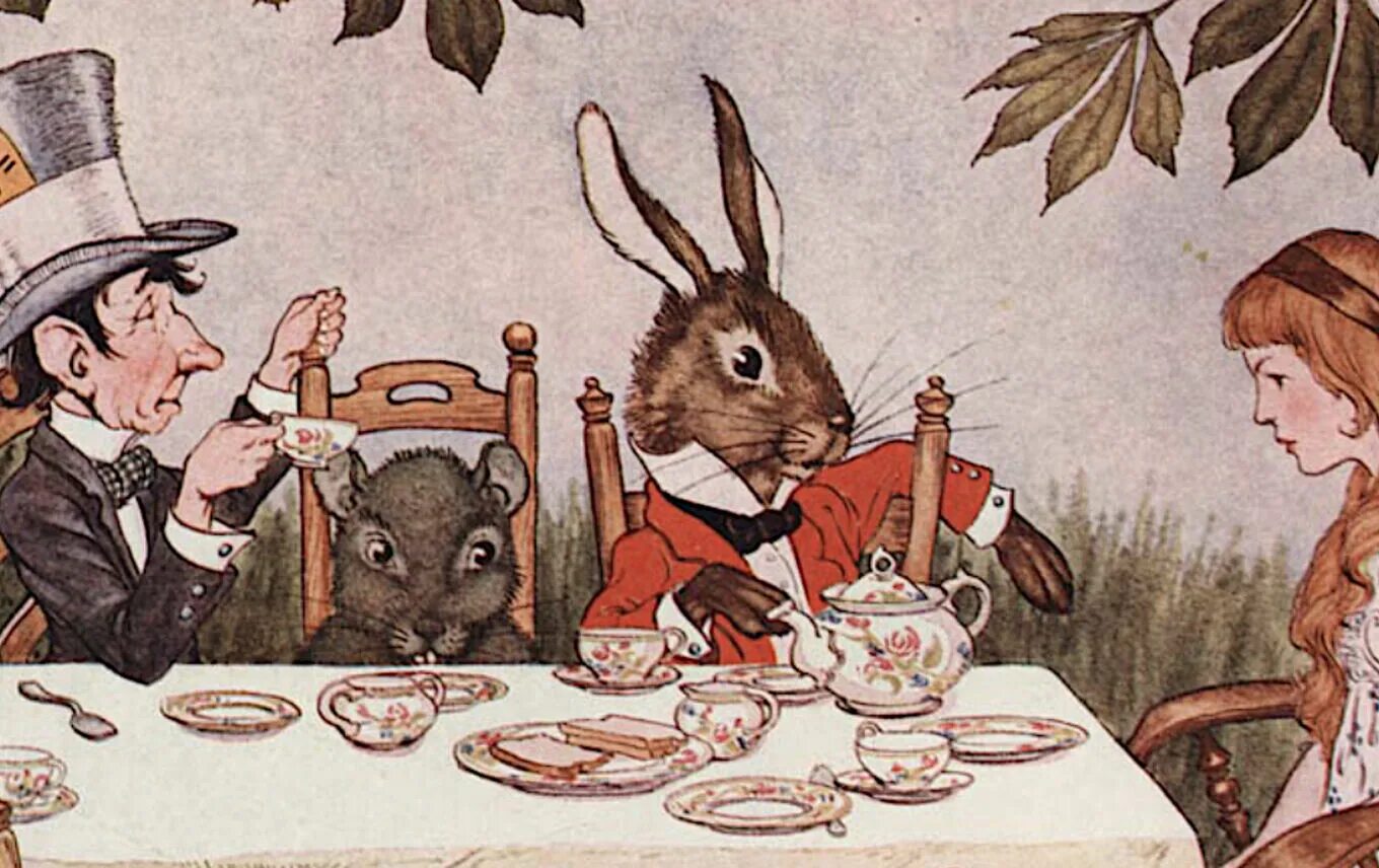 Алиса в стране чудес чаепитие. Безумное чаепитие. Чаепитие у мартовского зайца. Чаепитие у кролика.