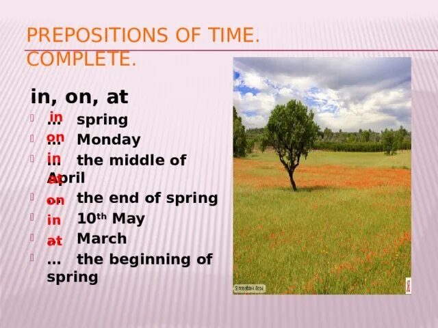Was the best in spring. In Spring или in the Spring. On March или in March. At in on Spring. Spring March April May.