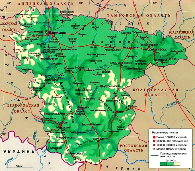 Природная карта Воронежской области. Физическая карта Воронежской области подробная. Географическая карта Воронежской области. Географическая карта Воронежской области с лесами.