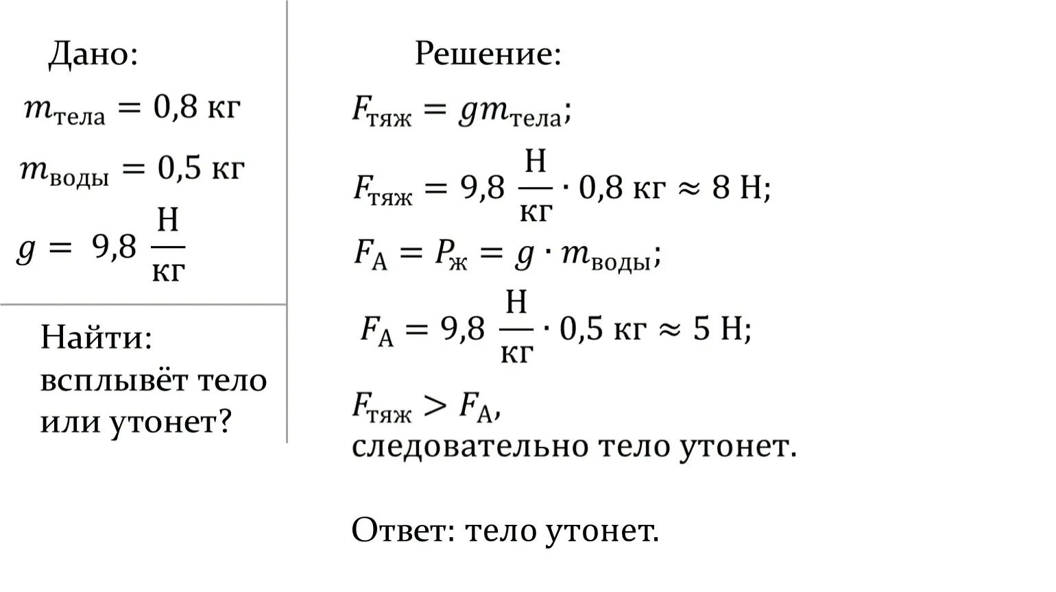 На тело утонувшее в жидкости действует. Задачи на плавание тел. Условие плавания тел задачи. Задачи на плавание тел физика 7 класс. Задача по физике условия плавания тел.