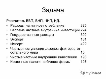 Рассчитать внп расходов и доходов
