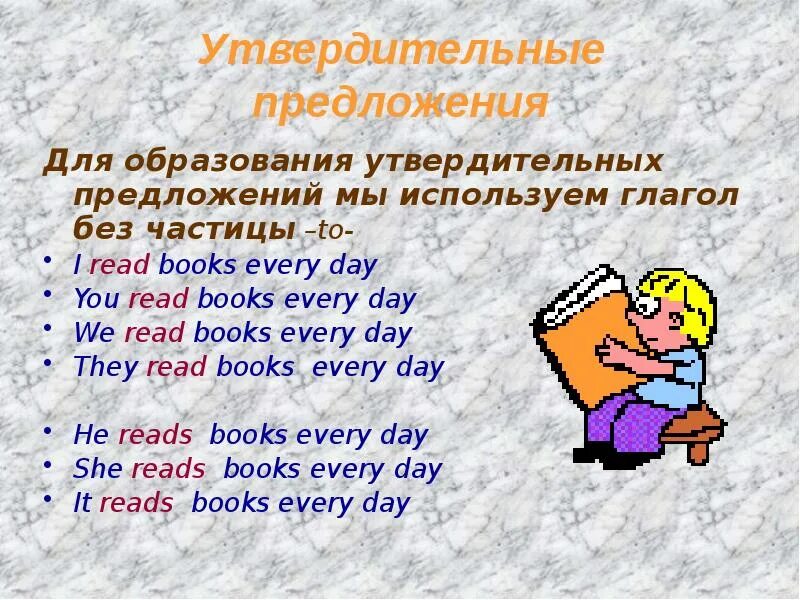 Как сделать утвердительное предложение. Утвердительное предложение. предложение в презент симпл they read books every day. i read books every day. отрицательные предложения для present simple. he reads books every day.