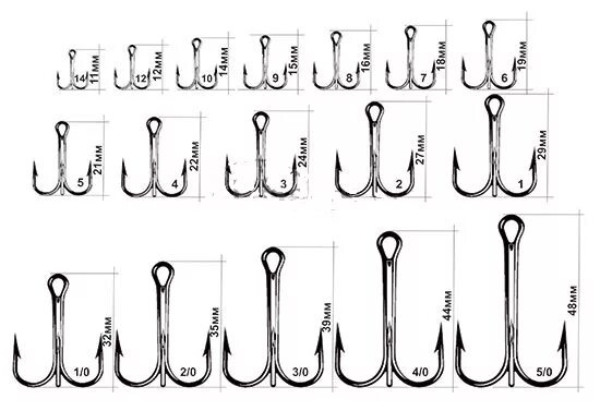 Таблица размера тройников оунер относительно номера Free Fisher 100Pcs/Bag Fishhooks High Carbon Steel 10# Treble Hook Fishing High