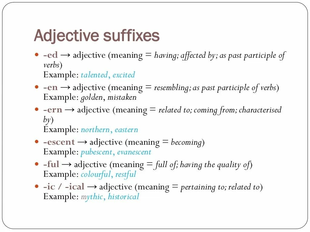 Suffixes meaning. Adjective suffixes. Adjectives suffixes and meaning. Adjective forming suffixes. Adjective suffixes правило.