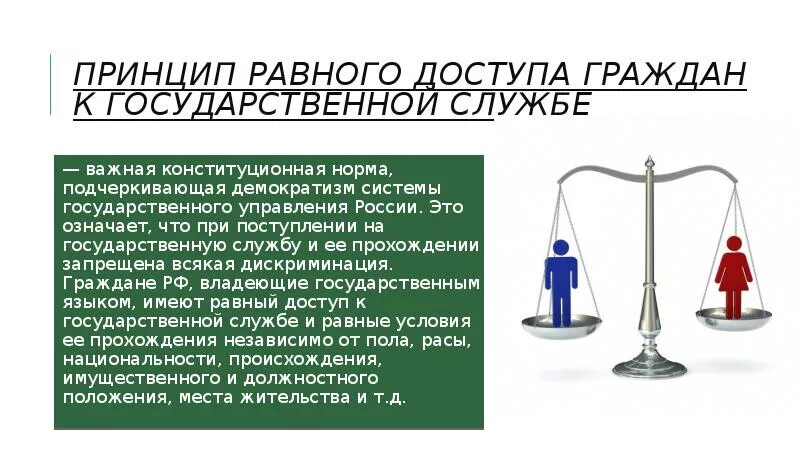 Принцип равного доступа к государственной. Равный доступ граждан к государственной службе. Право на доступ к государственной службе. Право на равный доступ к государственной службе. Право доступа в гражданском праве