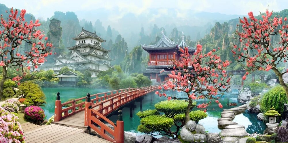 Япония дворец Сакура сад. Древний Китай сады сады фреска. Пейзажи Китая. Пейзаж в японском стиле.