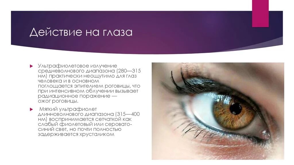 Воздействие ультрафиолетового излучения на глаза. Ультрафиолетовое излучение действие на глаза. Воздействиеультрофиолета на глаза.