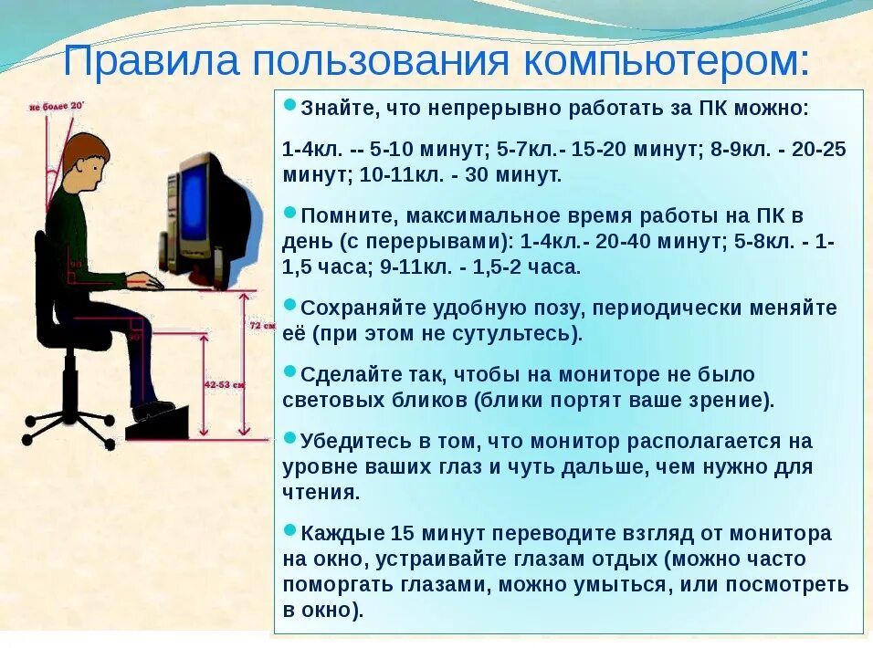 Сколько времени должен непрерывно работать. Правила пользования компьютером. Правила использования компьютера. Правила работы с компьютером. Памятка пользования компьютером.