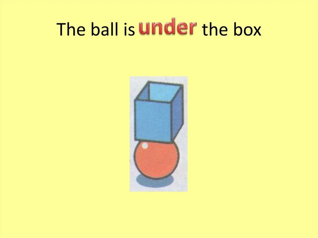 The box is under the table. In under предлоги. the ball is the box. занятие in, on, under. аудирование prepositions of place where is the ball.