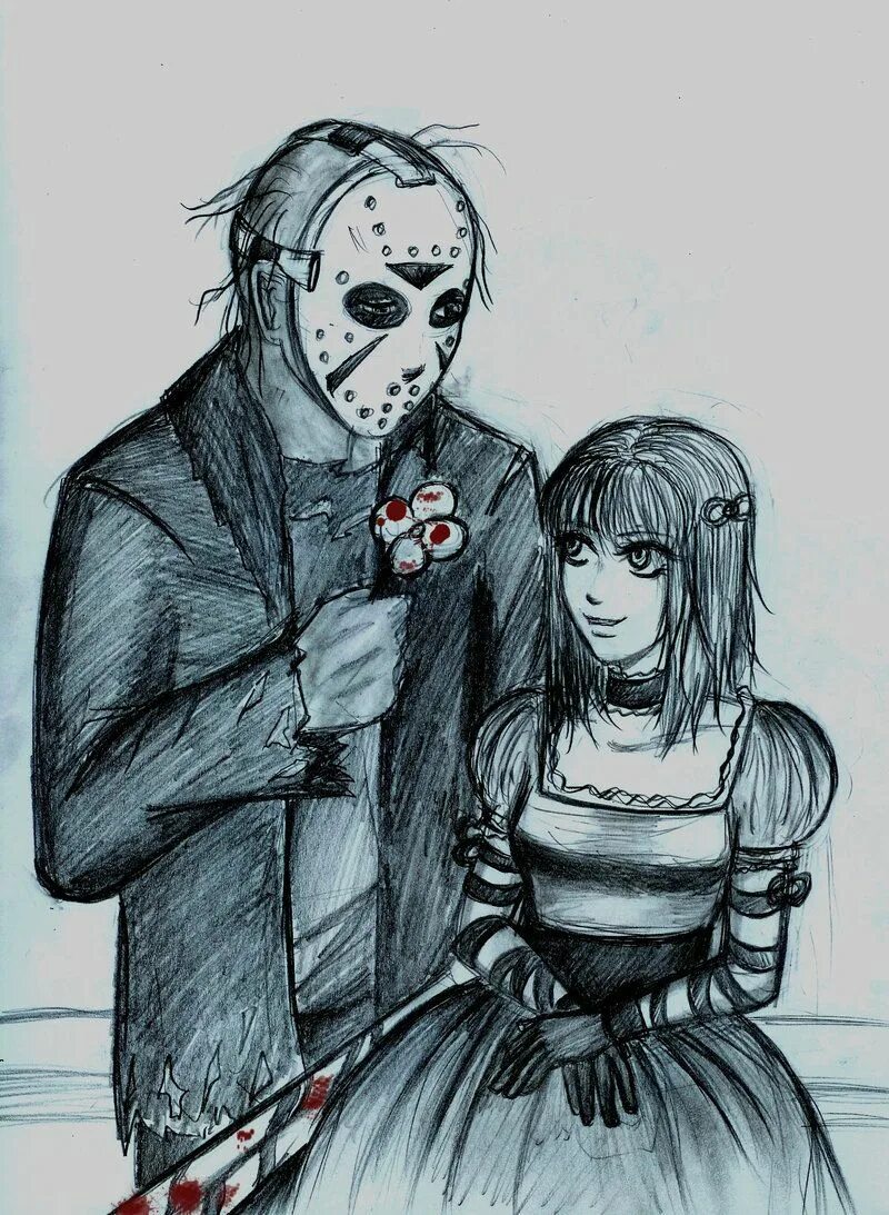 Майкл майерс и джейсон вурхиз арт. Джейсон вурхис и садаео. Джейсон вурхиз и его девушка. Милые маньяки. Майкл майерс арт милый.