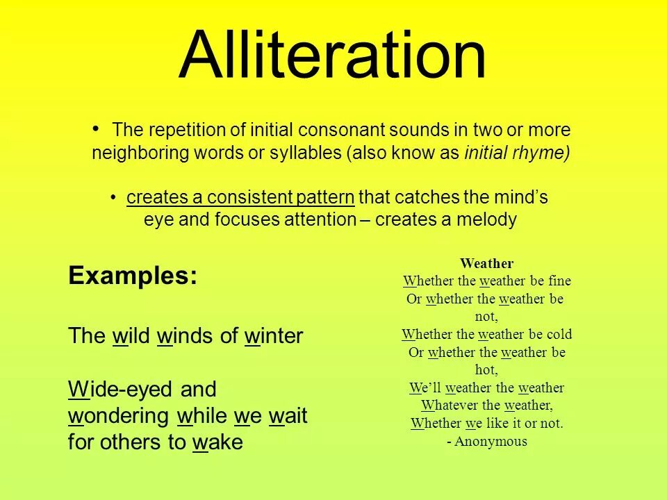 Alliteration examples. Types of repetition. что такое alliteration в английском. catch repetition. alliteration and consonance.