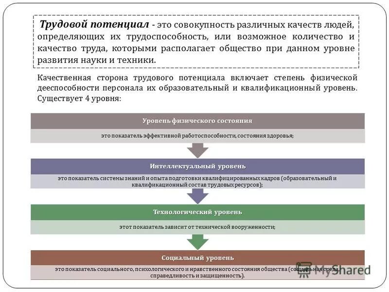 Качественная сторона статистики. Трудовой потенциал. Уровни трудового потенциала.