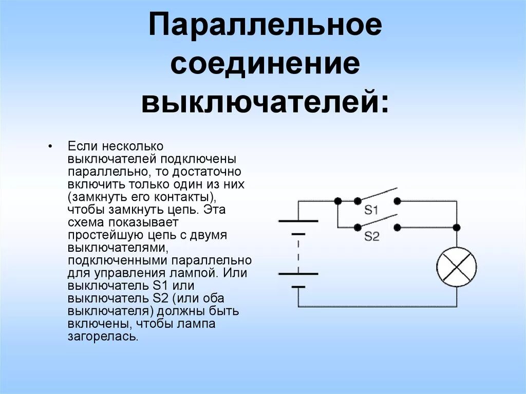 Параллельная схема подключения ламп с выключателем. Схема параллельного включения лампочек. Схема параллельного подключения светильников с выключателем. Параллельное соединение ламп накаливания схема. Последовательное переключение