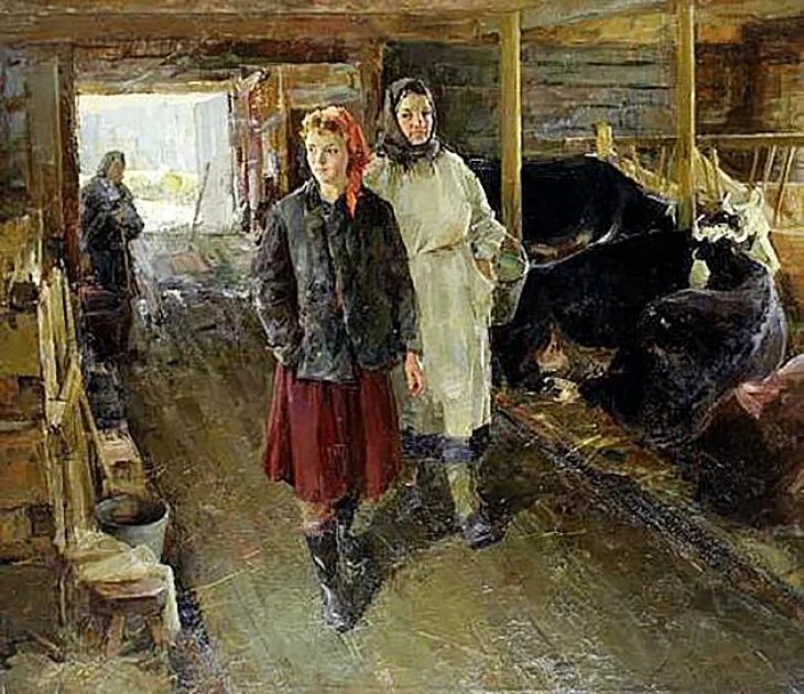 П. Рыбин, "на молочной ферме", 1959 год.. На молочной ферме 1959 Рыбин. Деревня в Советской живописи. Живопись СССР деревня.