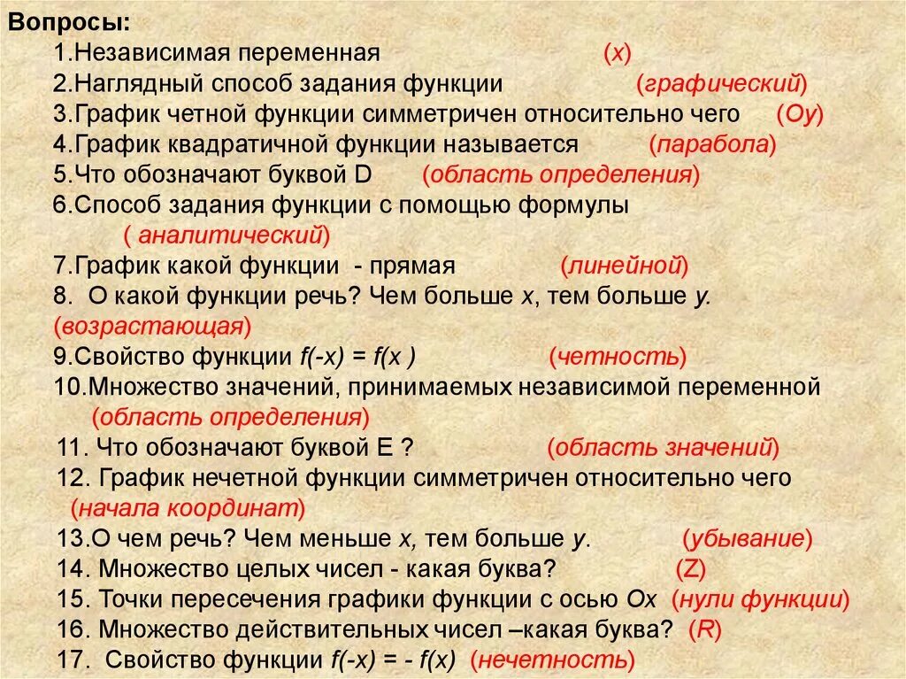 Что такое вопрос функции вопросов. Вопросы по функциям. способы задания функции. вопросы по теме показательная функция. функция одной переменной и способы ее задания характеристики функции.