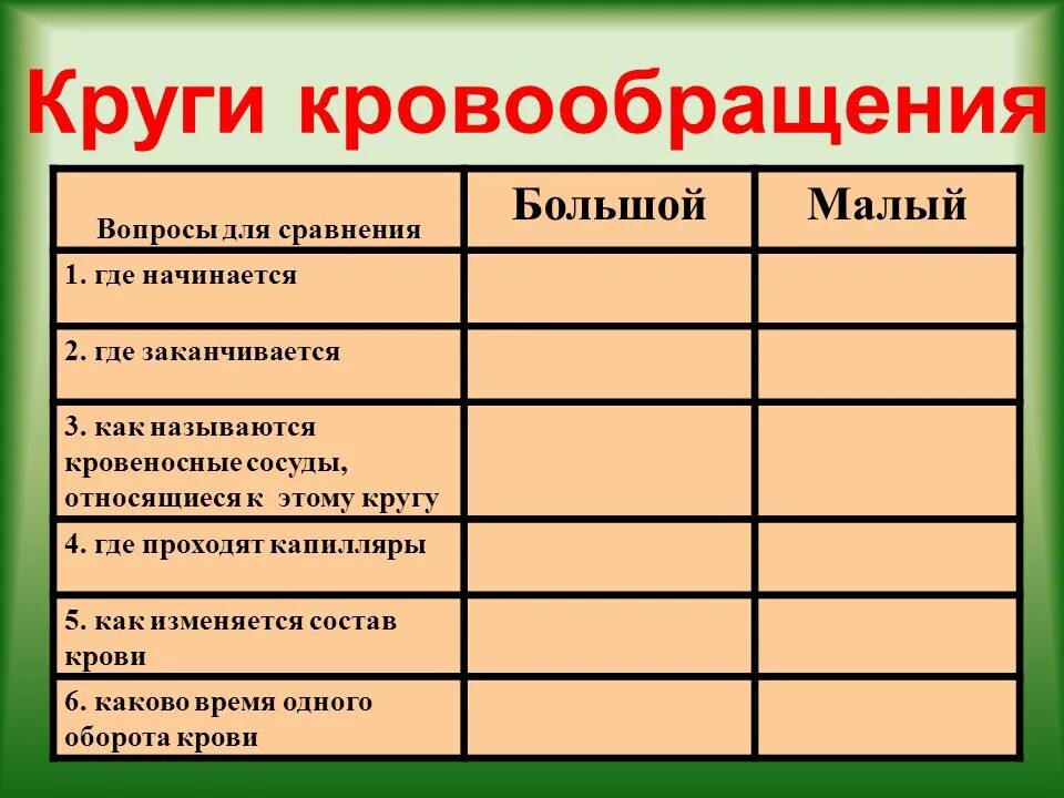 Круги кровообращения таблица. Таблица ток крови малый круг большой. Аблицу "круги кровообращения". Круги кровообращения вопросы для сравнения. Вопросы гемодинамики