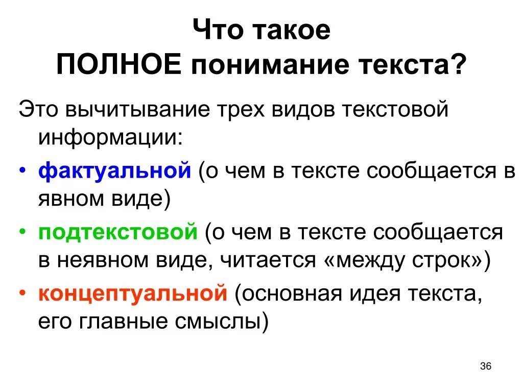 Понимание текста. Осмысление текста. О понимании. Виды информации в тексте. Явная информация в тексте