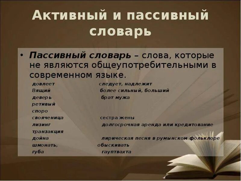 Принципы классификации словарного состава языка. Употребление слов в лексике. Активный и пассивный словарный запас русского языка. Лексика активный и пассивный состав языка. Пассивное употребление слов.