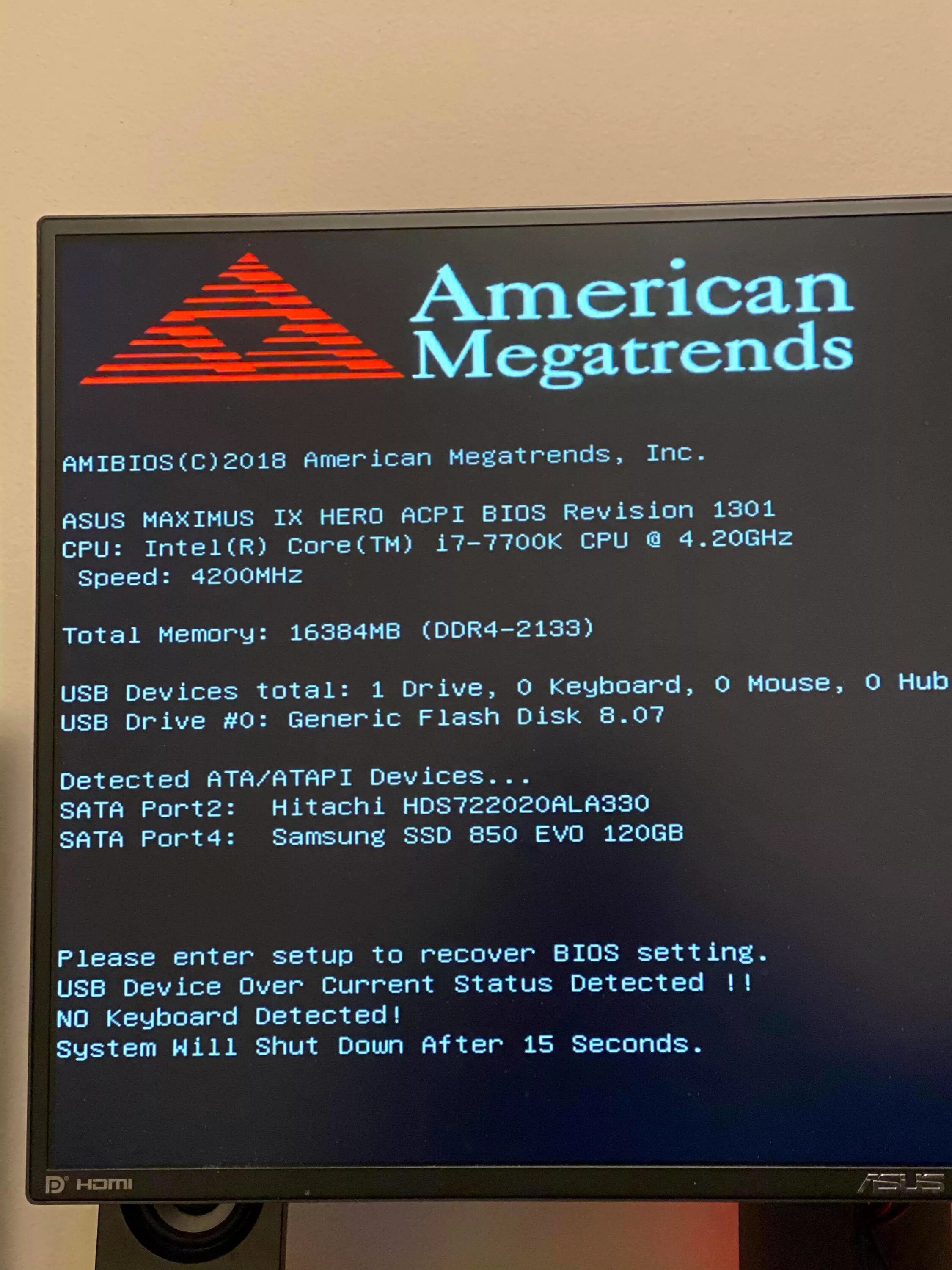 Over current status. Please enter Setup to recover BIOS setting. USB device over current detected. American MEGATRENDS please enter Setup to recover BIOS setting. USB over current status detected.