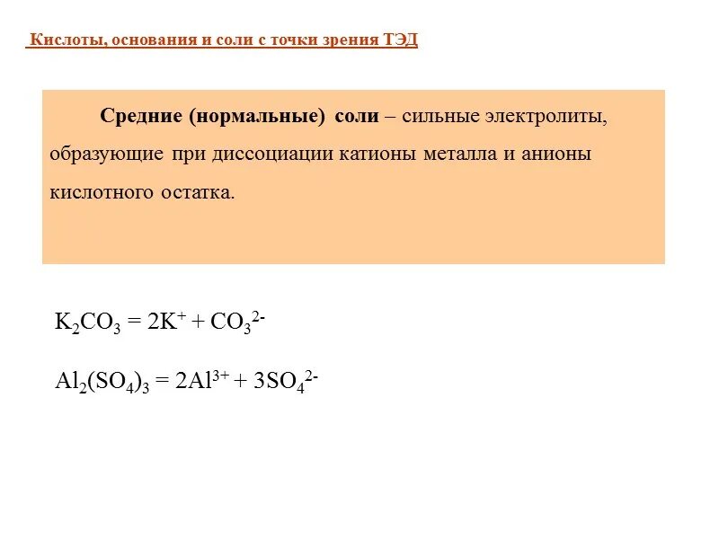 Соли с точки зрения теории электролитической диссоциации