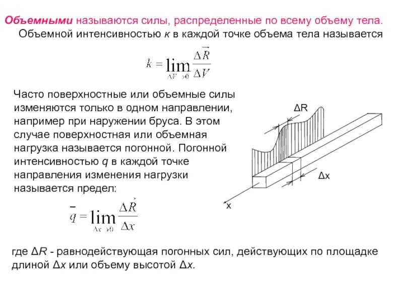 Распределение силы. Размерность объемной силы:. поверхностные и объемные силы. объемные и поверхностные нагрузки. объемные силы имеют размерность.