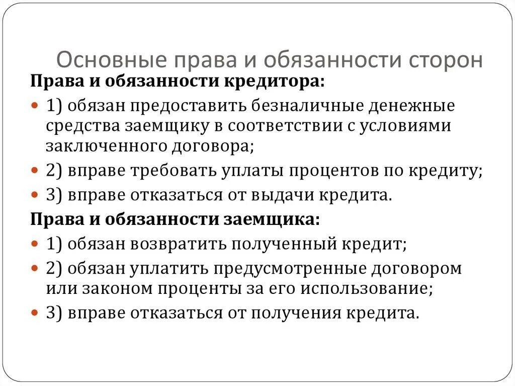 Кредитно правовой рф. Обязанности кредитора по кредитному договору. Обязанности кредитора в кредитном договоре.