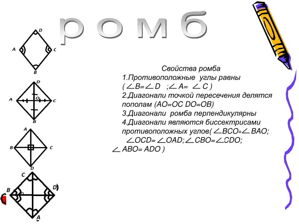 Ромб (определение, чертеж, свойства). Ромб определение свойства признаки. Свойства углов ромба. Характеристика ромба. Ромб свойства площадь