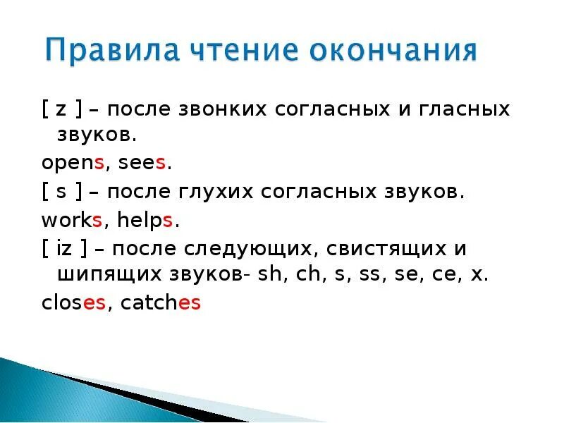 После звонких согласных и после гласных. Чтение s на конце слова в английском. Правило окончания s. После глухих согласных.