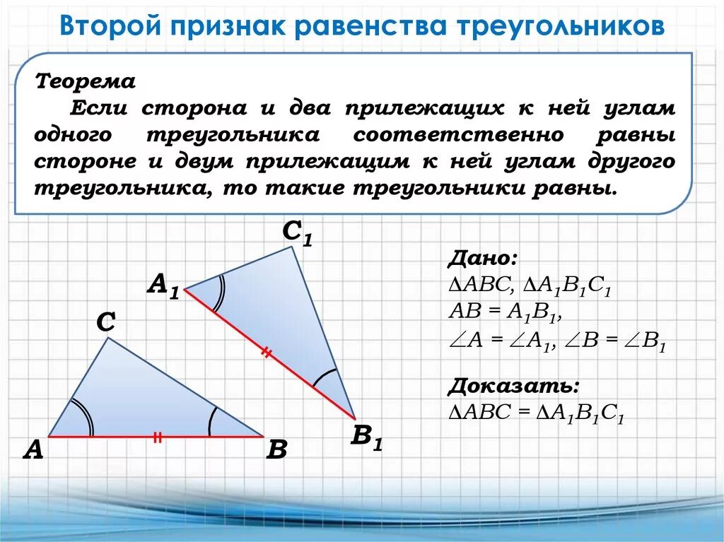 Теорему второго признака равенства треугольников. Формулировка теоремы 1 признак равенства треугольников. Теорема 2 признак равенства треугольников. 2 Признак равенства треугольников доказательство 2. 2 Произн равенмст ва тр.