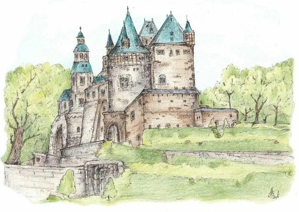 Замок 7 класс. Замок в романском стиле рисунок. Замок цветными карандашами. Средневековый стиль рисования. Средневековый замок рисунок.