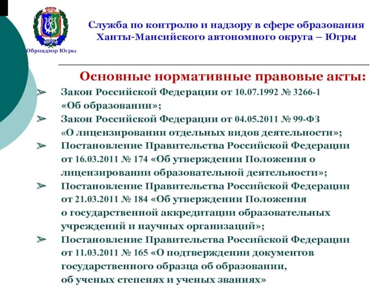 Региональные нормативные акты в сфере образования. Перечень государственных услуг в сфере образования. Служба по контролю и надзору в сфере образования. Службы по контролю и надзору. Обрнадзор ХМАО.