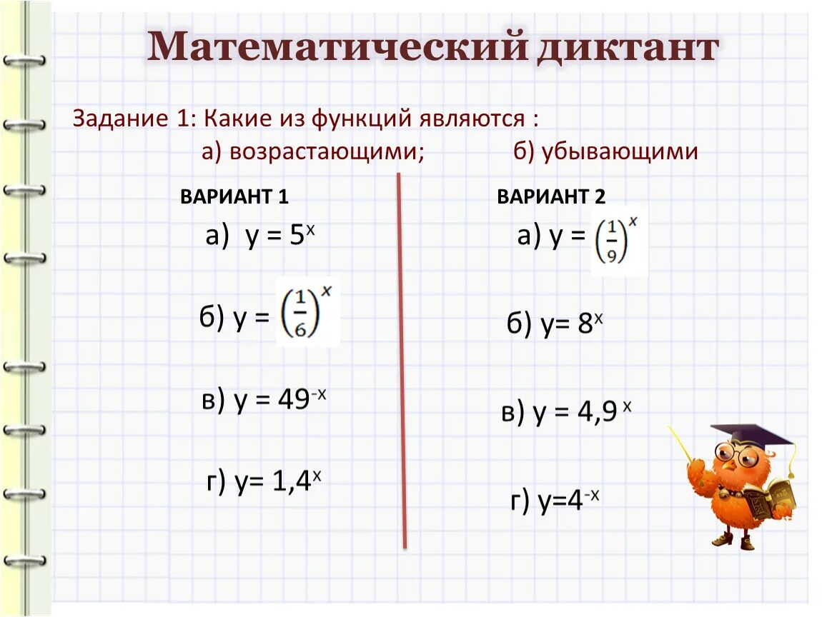 Математический диктант класс. Математический диктант таблица производных. Математический диктант 10 класс алгебра. Математические диктанты. Показательные неравенства 10 класс задания.