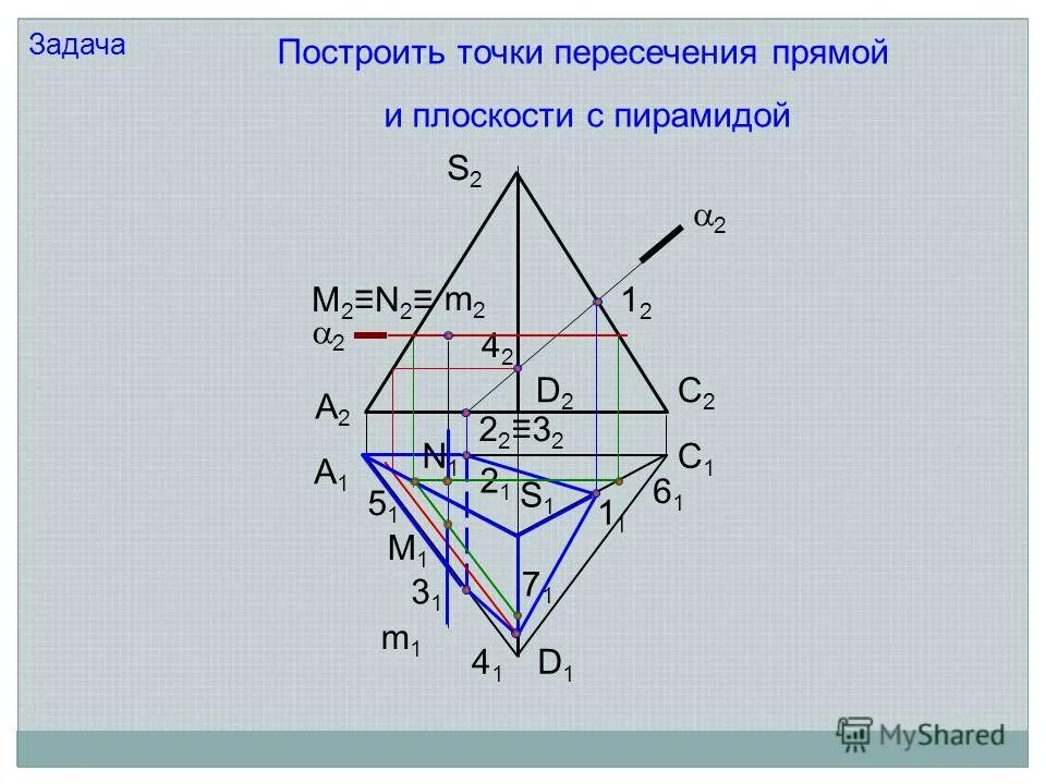 Начертательная геометрия точки пересечения прямой и пирамиды. Линия пересечения плоскостей в пирамиде. Пересечение пирамиды плоскостью общего положения. Проекция сечения пирамиды. Построить пересечение пирамиды с прямой.