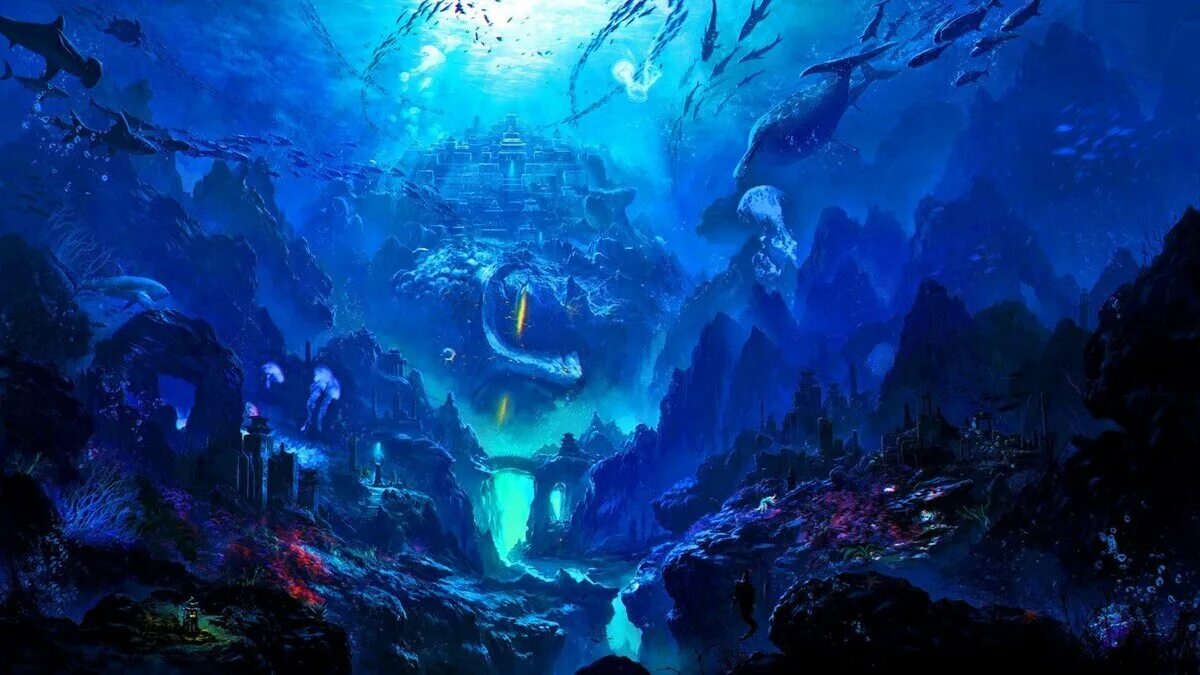 Фантастика про океан. Нуменор Атлантида. Атлантида дворец Посейдона. Подводные пейзажи. Подводные пейзажи фэнтези.