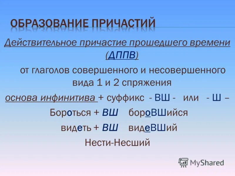 Действительное причастие прошедшего времени виды. Спряжение действительных причастий.