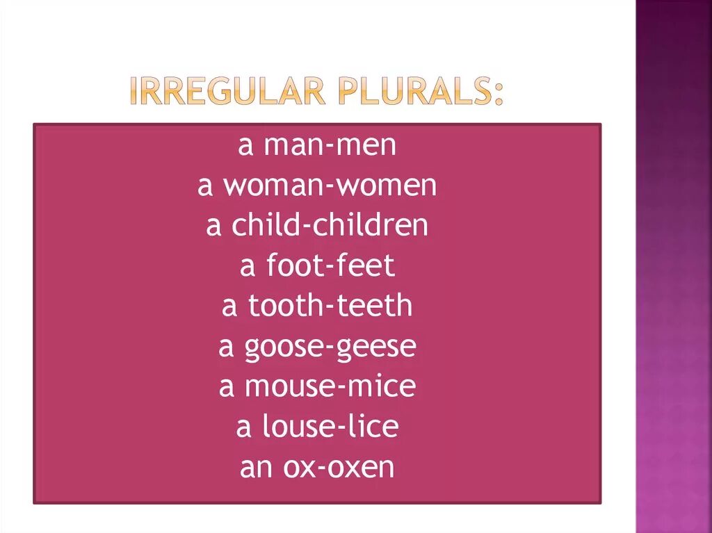 Man plural. Plurals презентация. irregular plural man. man plural form. irregular plurals roof.