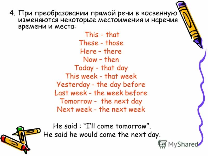 Преобразование прямой речи в косвенную. Преобразование прямой речи в косвенную