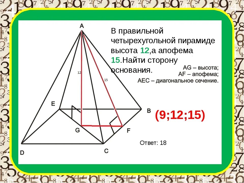 Сторона основания пирамиды через апофему. Формула апофемы правильной четырехугольной пирамиды. Апофема и высота в правильной четырехугольной пирамиды. Апофема грани пирамиды. Формула нахождения апофемы четырехугольной пирамиды.
