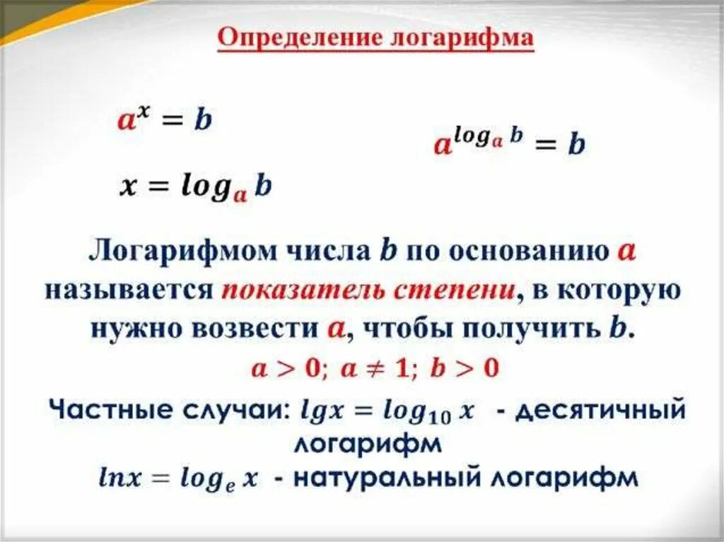 Логарифм а х б. Определение логарифма свойства логарифмов. Логарифм числа б по основанию а. A В степени логарифм b по основанию a. Свойства логарифмов область определения.