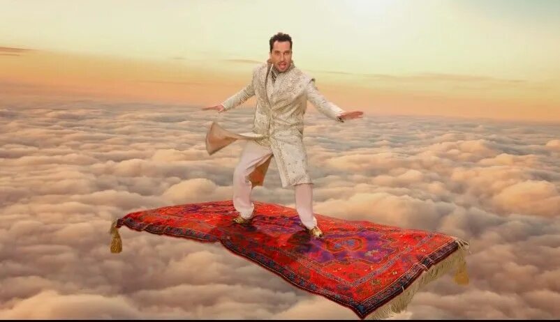 Surrealistic flying carpet against blue sky and white clouds. 3D rendering Иллюс