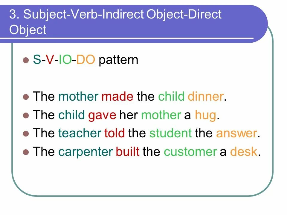 Object вопросы. Subject verb object. direct indirect object subject. direct indirect prepositional object. subject verb object pattern.