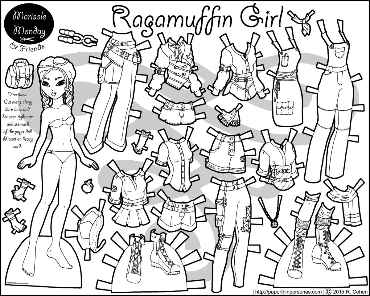 Раскраски кукла с одеждой распечатать бесплатно Ruffles & Florals & Stripes & Afro-Puffs & Paper Doll to Color & Print Paper dol