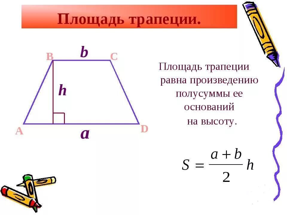 Площадь прямоугольной трапеции равна произведению ее. Как вычислить площадь трапеции. Формула нахождения площади трапеции. Как вычислить площадь трапеции формула. Формула для нахождения трапеции площадь трапеции.