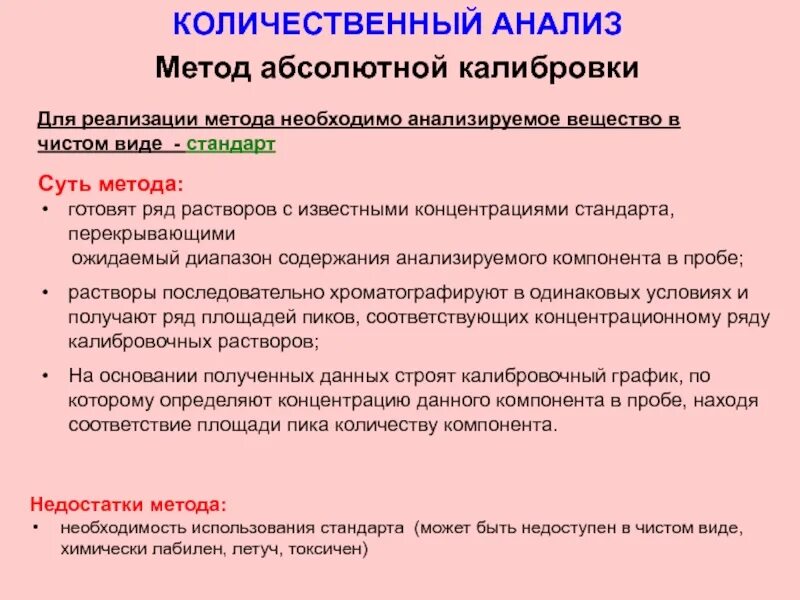 Качественный анализ методик. Количественный анализ методы количественного анализа. Метод абсолютной калибровки. Количественно-качественный анализ. Метод абсолютной калибровки в хроматографии.