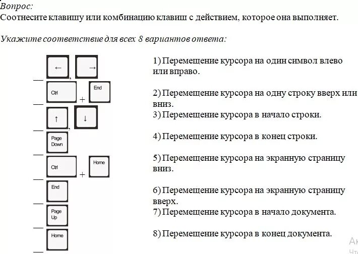 Клавиша удаления слева от курсора. Соотнесите клавишу или комбинацию клавиш с действием. Комбинации клавиш и их действия. Перемещение курсора в начало строки. Соотнесите комбинации клавиш с действием которые они выполняются.