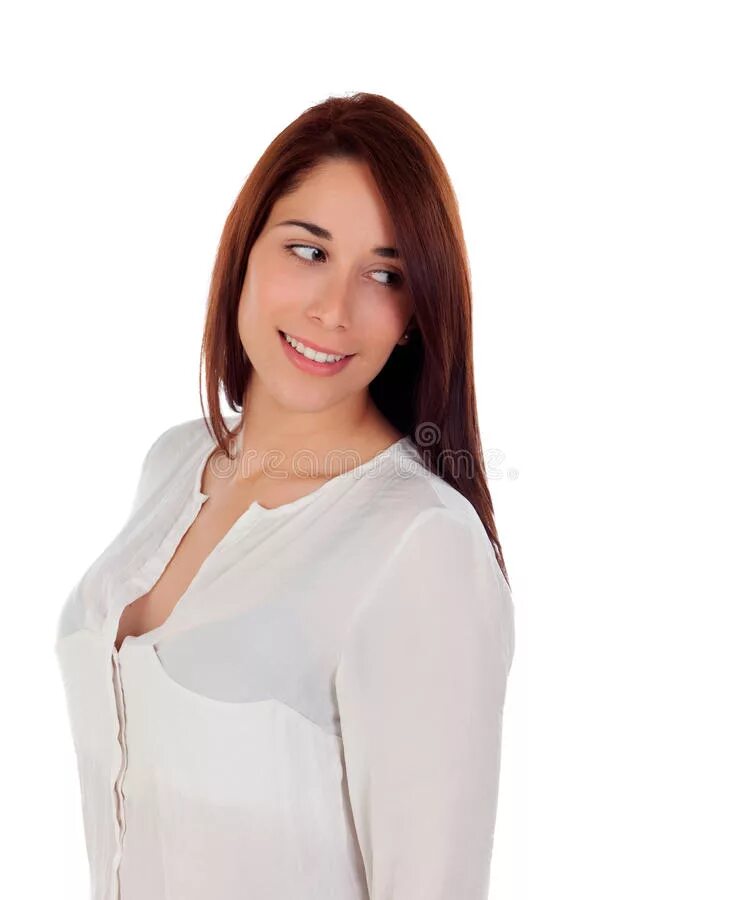 Девушка смотрит в сторону. Девушка в профиль. Радостная девушка. Девушка указывает пальцем. Look at side.